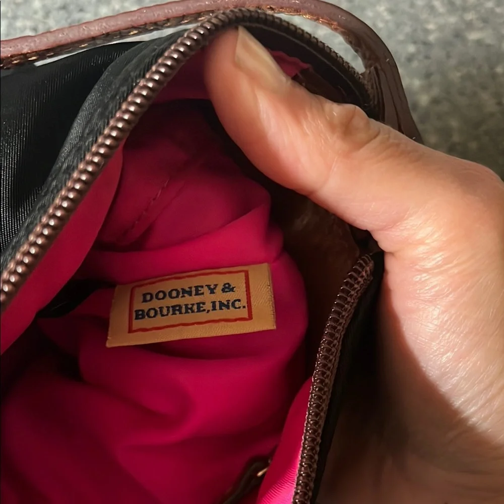 Dooney & Bourke Black Handbag with Brown Leather Strap and Hot Pink Interior - Picture 12 of 16